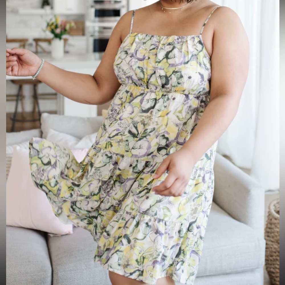 Hailey & Co Admire From Afar Purple Yellow White Floral Smocked Midi Sundress 1X